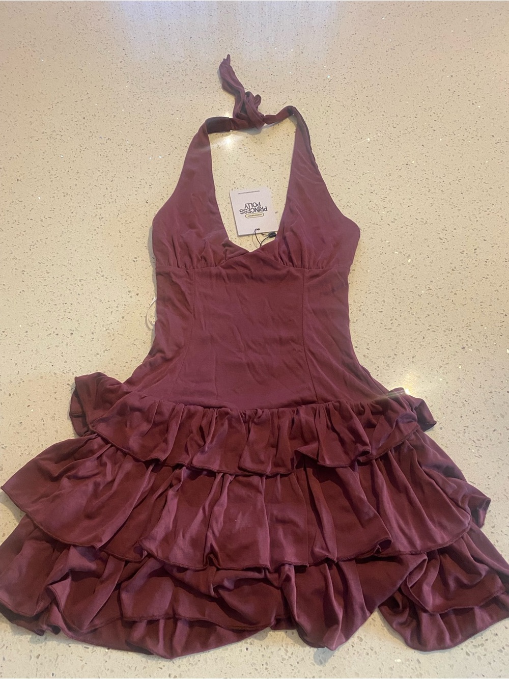 Halter Ruffle Mini Dress - Deep Wine